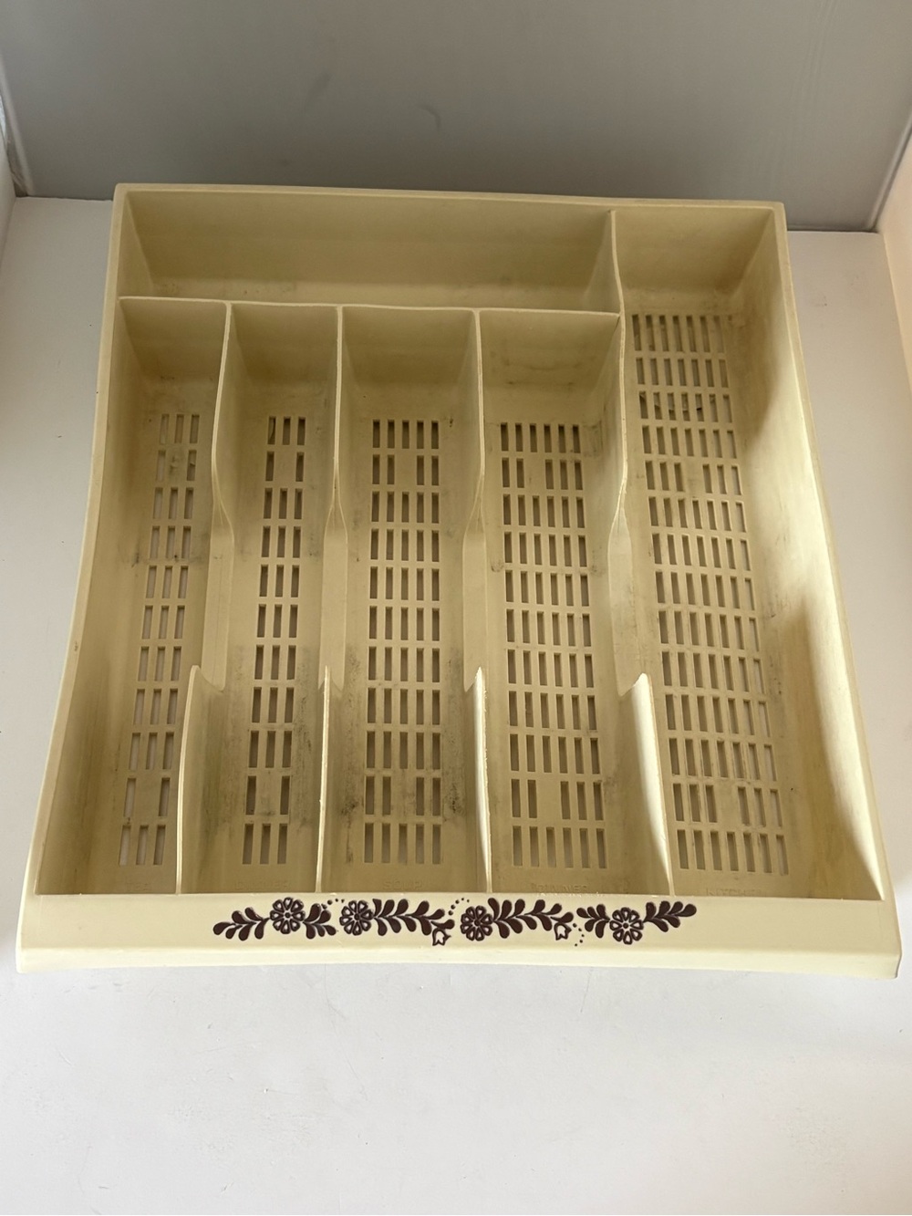Vintage Silverware Flatware Drawer Organizer Tray Beige Floral Labeled 6 Section